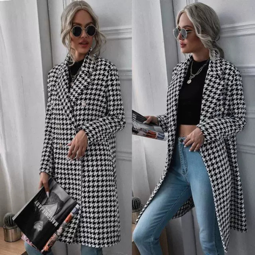ZARA Fashion Houndstooth Print Long Wool Coat for Autumn Winter